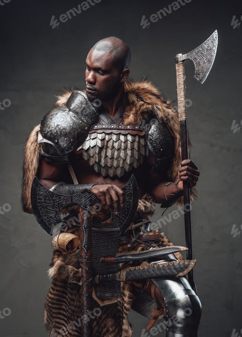 Preview: Armoured handsome soldier from past with axes in dark background