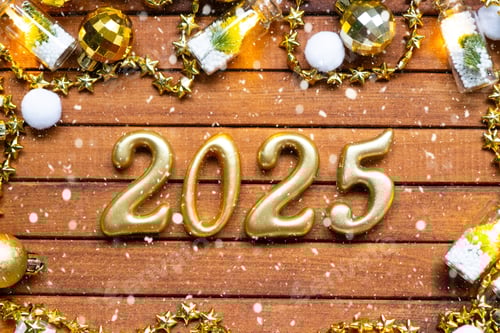 Preview: Happy New Year wooden numbers 2025 on cozy festive brown wooden background with sequins, snow, light