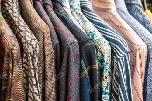 Preview: Assorted Patterned Shirts Hanging on a Clothing Rack