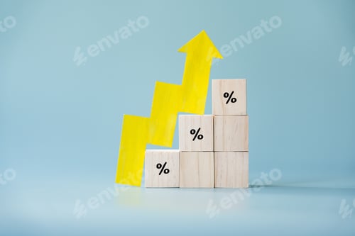 Preview: Yellow paper cut arrow going up positive trend on wooden blocks with percentages