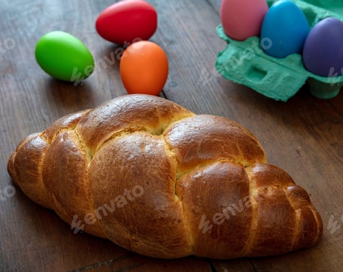Preview: Easter eggs and tsoureki braid, greek easter sweet bread, on wooden background