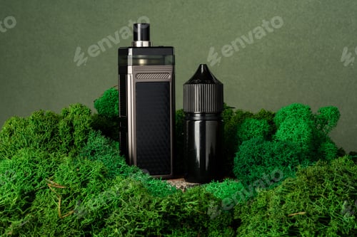 Preview: Vape smoking liquid bottles on moss background