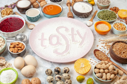 Preview: top view tasty written flour around eggs seeds nuts and jelly on a light background pie cake egg