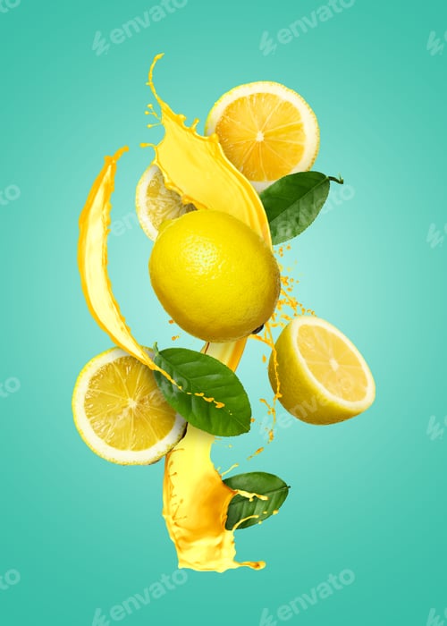 Preview: Fresh lemons, green leaves and citrus juice splash in air on turquoise background