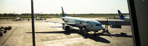 Preview: ROME, ITALY - JUNE 28, 2019: panoramic shot of airplanes at aerodrome in sunny day in rome, italy