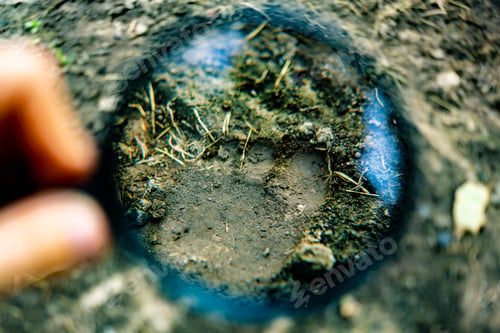 Preview: hand holding a magnifying glass searching for a footstep track on the ground, crime invetigations