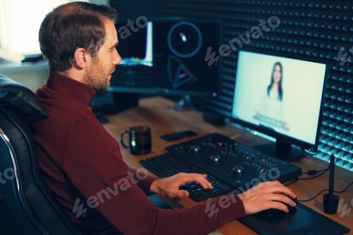 Preview: Male Videographer Edits and Cuts Footage and Sound on His Person