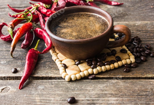 Preview: Spicy black coffee in small cup with beans and chilli isolated on white