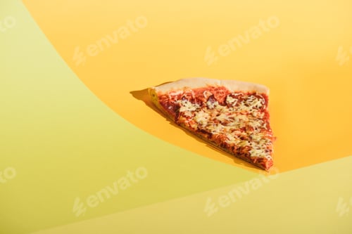 Preview: close up view of piece of italian pizza on colorful background