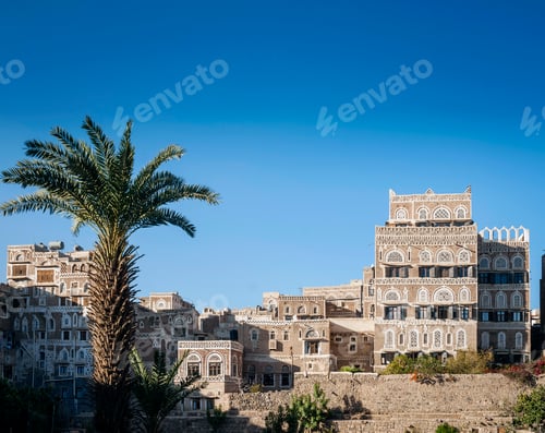 Preview: sanaa city old town traditional architecture buildings view in yemen