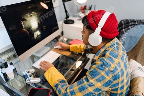 Preview: Teenage boy playing video game on desktop computer at home