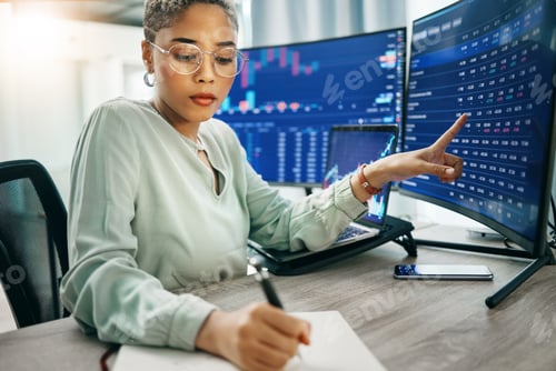 Preview: Business woman, writing and stock market, trading or analytics in data, statistics or online financ