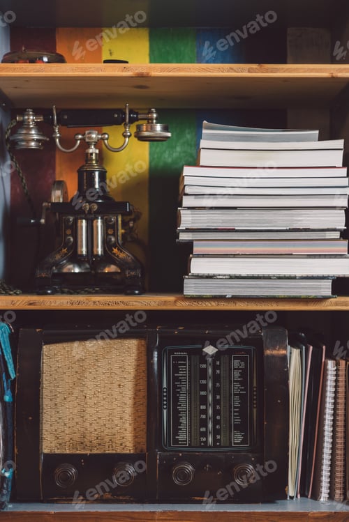 Preview: Vintage Telephone and Radio on Wooden Shelf