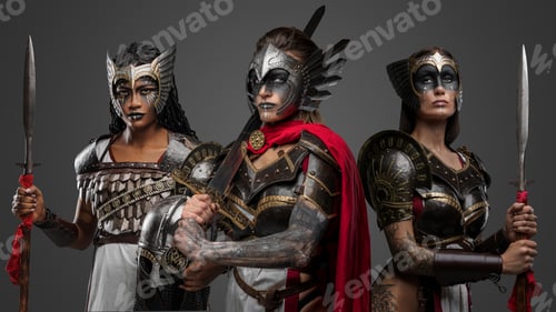 Preview: Three warriors women with cold steel against gray background