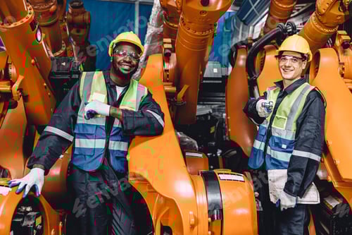 Vista previa: Happy portrait, ingeniero, trabajador, brazo robótico, soldadura, línea de ensamblaje, equipo de servicio de mantenimiento en automatizar