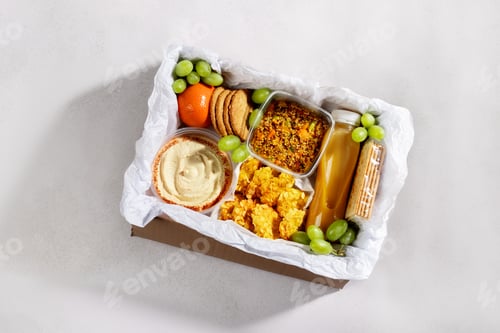 Preview: Ready prepared brunch box with quinoa salad, gluten free nuggets and fresh smoothie, top view