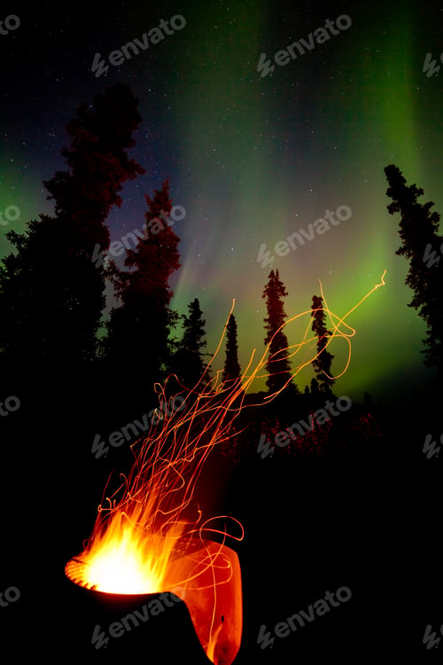 Preview: Taiga firepit camp fire sparks and northern lights