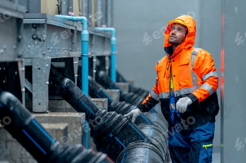 Preview: Factory worker or technician with raincoat walk along pipe system and look up to maintenance.