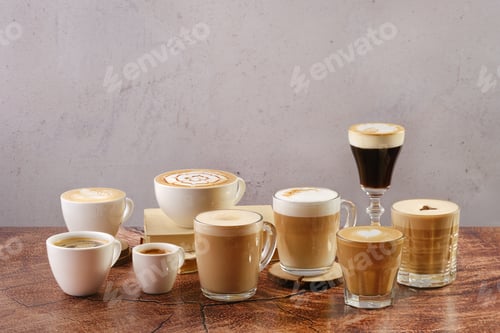 Preview: Coffee latte set with various topping and decor