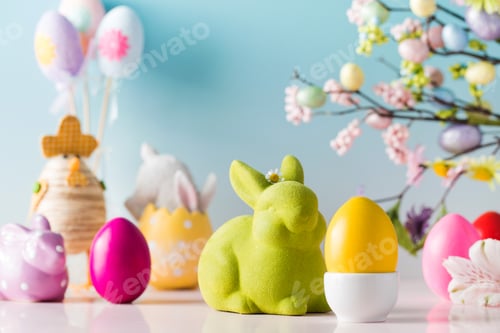 Preview: Festive Easter composition with Easter eggs and rabbits on a blue background.