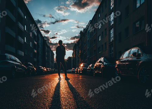 Preview: Silhouette of a female standing on the city street with parked cars at sunset