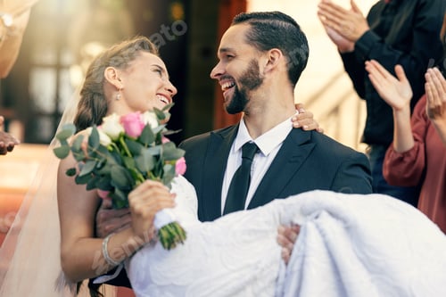 Preview: Love, wedding and man carrying woman at church after marriage ceremony with applause of friends and
