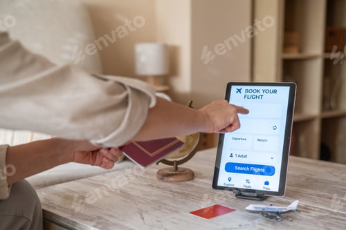 Preview: Digital tourism and online travel booking with woman using tablet, card and travel items