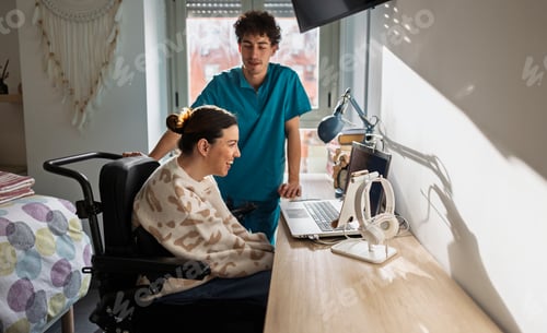 Preview: Woman with motor disability using assistive technology at home