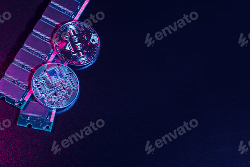Preview: golden bitcoin and computer chip in background