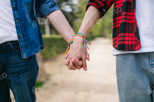 Preview: Two Men Showcasing Their Bond and LGBT Pride with Multicolor Bracelets