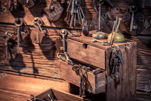 Preview: Wooden box with keys and locks in locksmiths workshop
