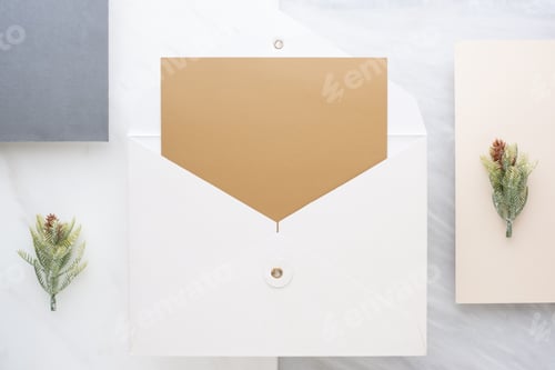 Preview: Top view of blank gold card in white envelop with pine leaf on two layer step of marble table