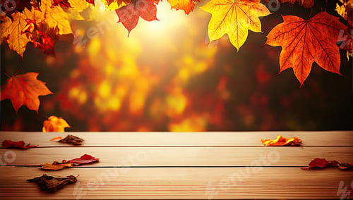 Preview: Wooden desk as pedestal for product display presentation with autumn landscape.Trees with yellow and