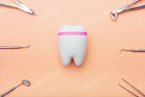 Preview: dentist tools around the tooth, orange background, peach color
