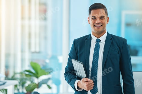 Preview: Business man, tablet and portrait in office with web management and work pride. Office, confidence