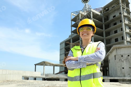 Preview: Professional engineer in safety equipment at construction site, space for text