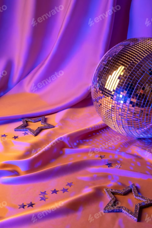 Preview: New Year banner. Festive night party with disco ball on bright neon background.