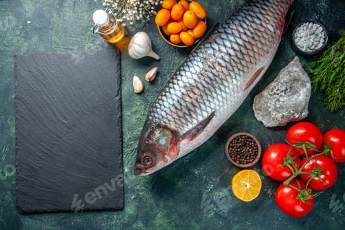Preview: top view fresh raw fish with red tomatoes on dark background food health water fish color meal
