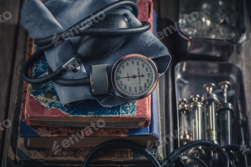 Preview: Antique Medical Instruments and Books on Wooden Table
