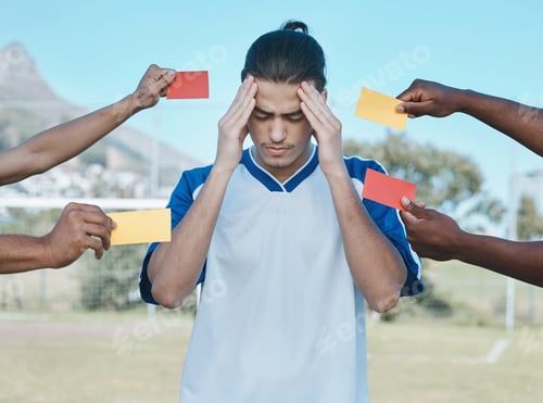 Preview: Hands, card and a man with stress from soccer, training headache and warning on the field. Sports,
