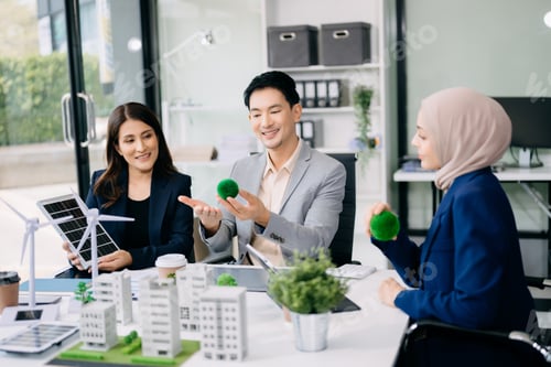 Preview: Group of diverse multiethnic businesspeople standing neare table looking at model