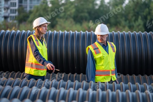 Preview: Construction surveyor or engineer working in pipe construction site