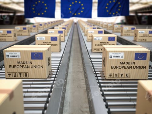 Preview: Made in European Union. Cardboard boxes with text made in European Union