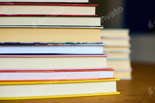 Preview: Stacked books on a wooden surface with a blurred background in a cozy reading space