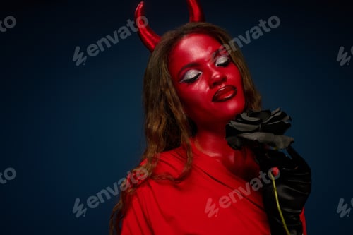 Preview: A stunning woman in a vibrant Halloween costume at a festive event