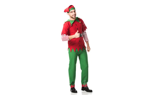 Preview: man in christmas elf costume doing thumbs up sign isolated on white