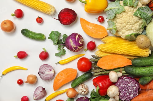 Preview: Flat lay composition with fresh vegetables on white background