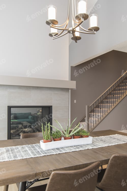 Preview: Beautiful shot of a modern house dining room with plants and a fireplace