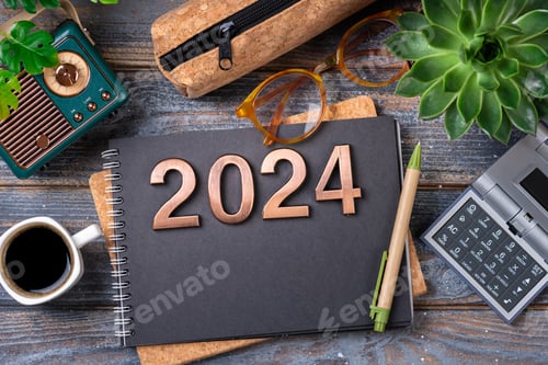 Preview: New year goals 2024 on desk. 2024 goals list with notebook, coffee cup