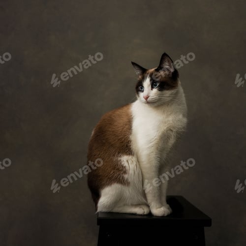 Preview: Domestic cat perched atop a stool, gazing thoughtfully into the distance.